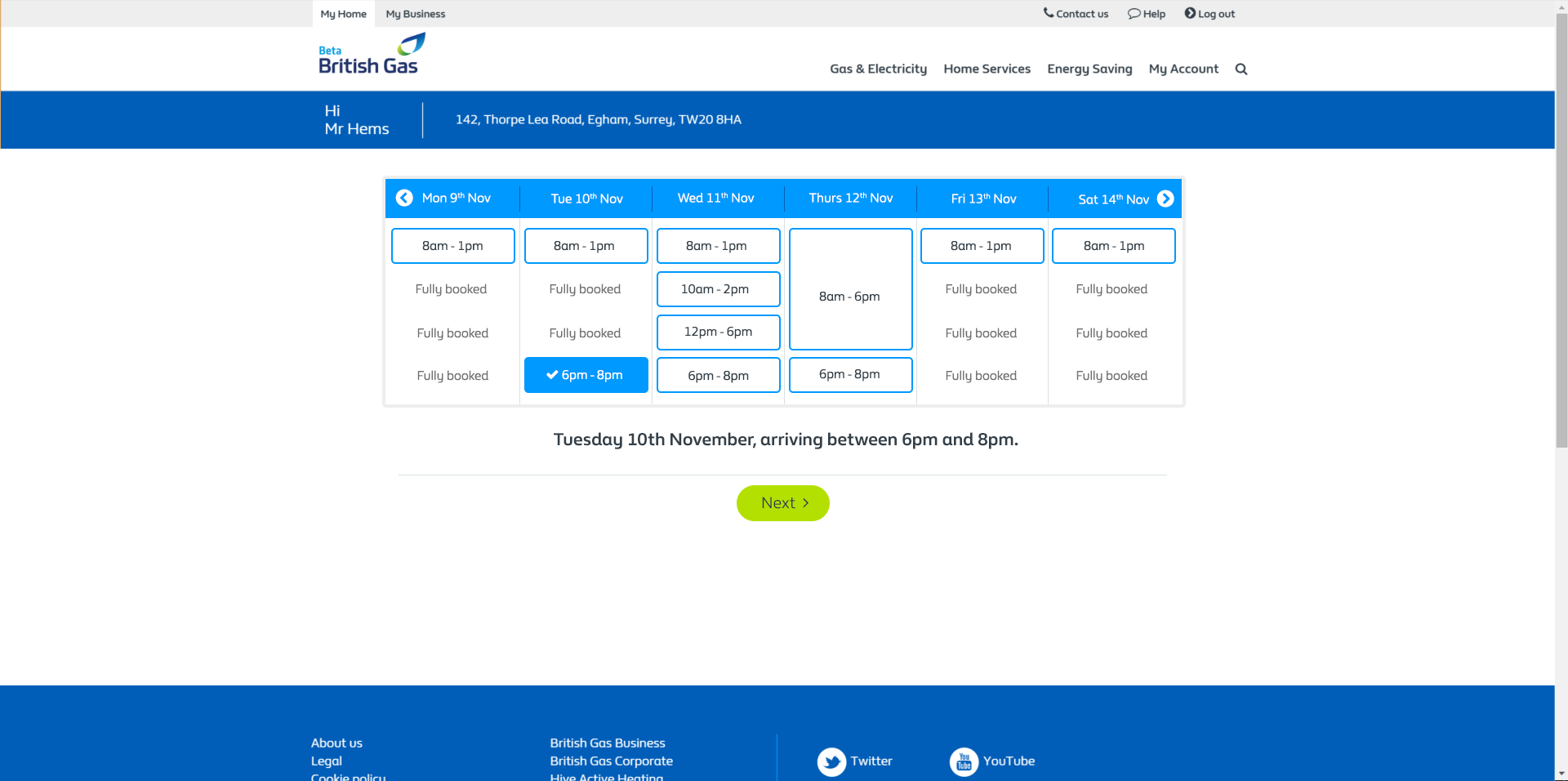 British Gas booking triage and engineer booking interface